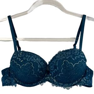 Victorias Secret Dream Angel Lined Demi Teal Blue Lace Push-Up Bra Metallic Sexy